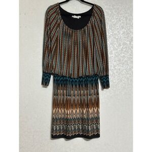 Maggy London Geometric Feather Print Blouson Sheath Dress Teal Brown Boho Sz 12